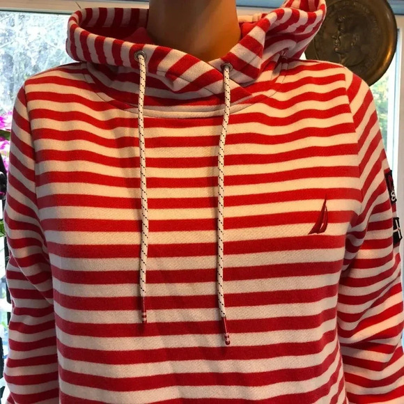 Nautical Women Soft Cozy hoodie sweater size M Red White Strip Thermal Pocket - Picture 7 of 8